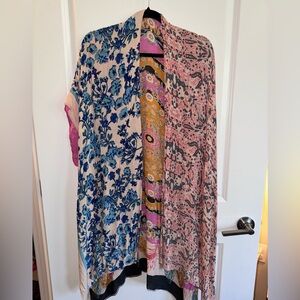 Lightweight Mixed-Print Kimono Cardigan — Blue, Pink, Yellow Accents